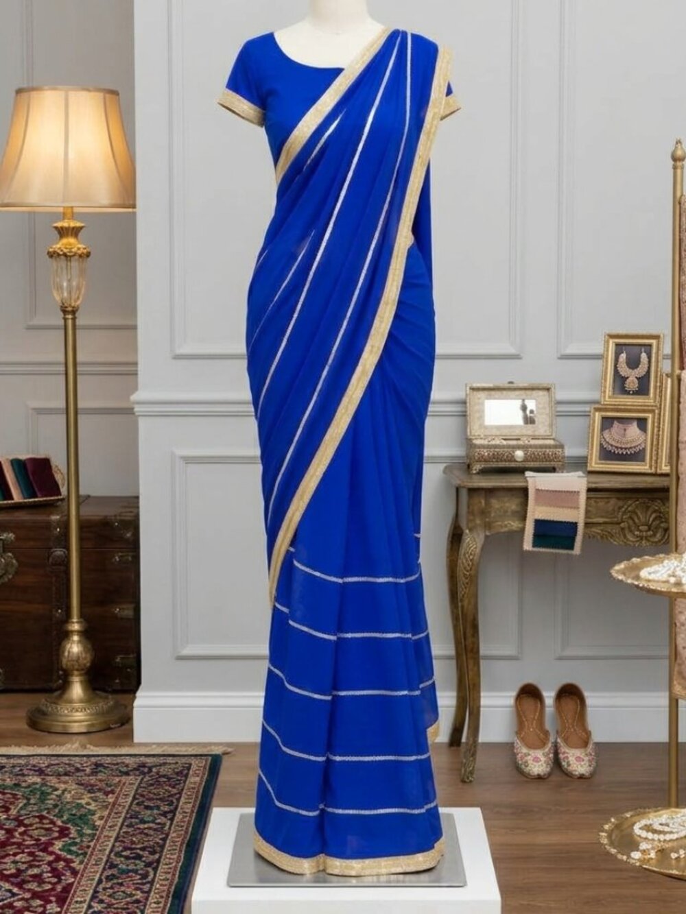 Women's Pre-Pleated Ready-to-Wear Saree Set - Blue & Gold ✨